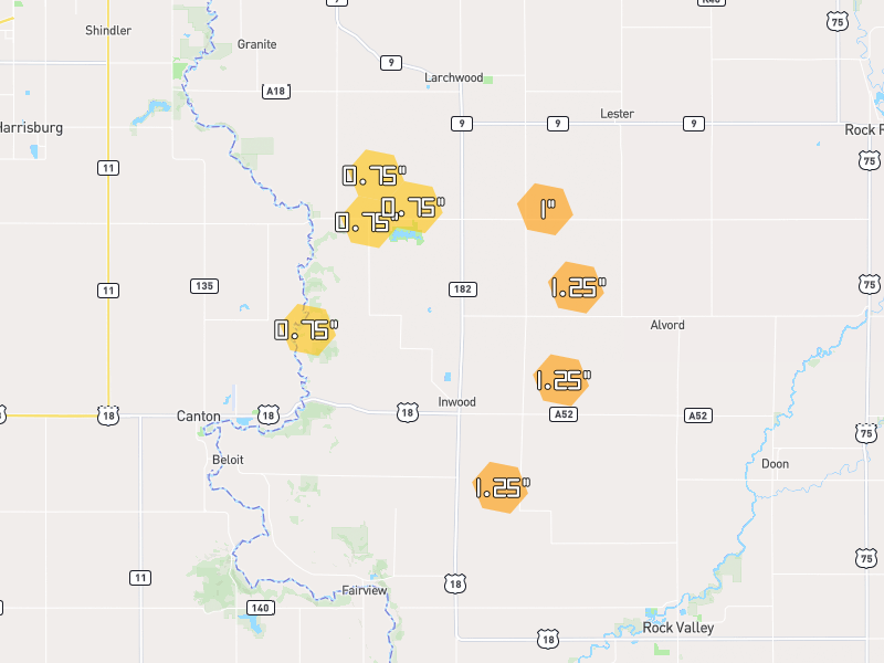 Hail map of Inwood, IA on Jul 1, 2026, hail up to 1.25"