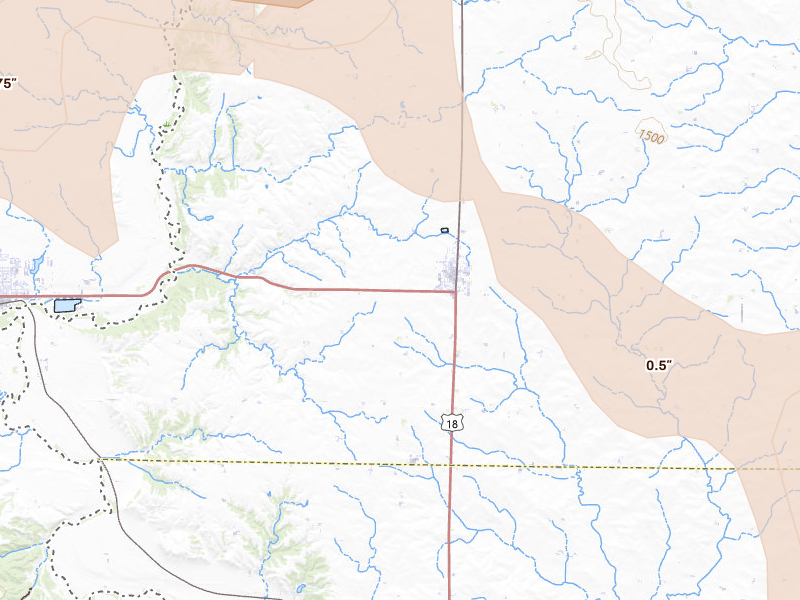 Radar-estimated hail-size map of the storm over Inwood, IA on Jul 4, 2026