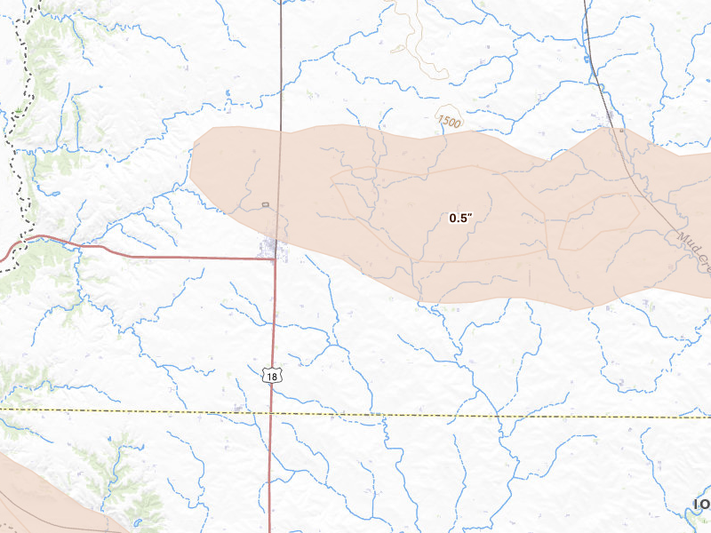 Radar-estimated hail-size map of the storm over Inwood, IA on Aug 10, 2026