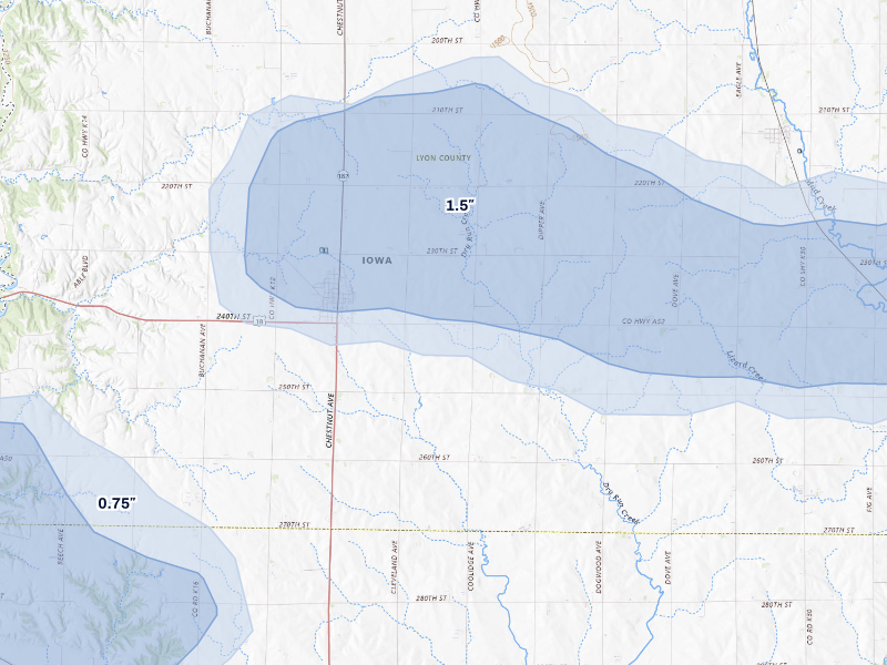 NEXRAD radar-signature map of the hail storm over Inwood, IA on Aug 10, 2026