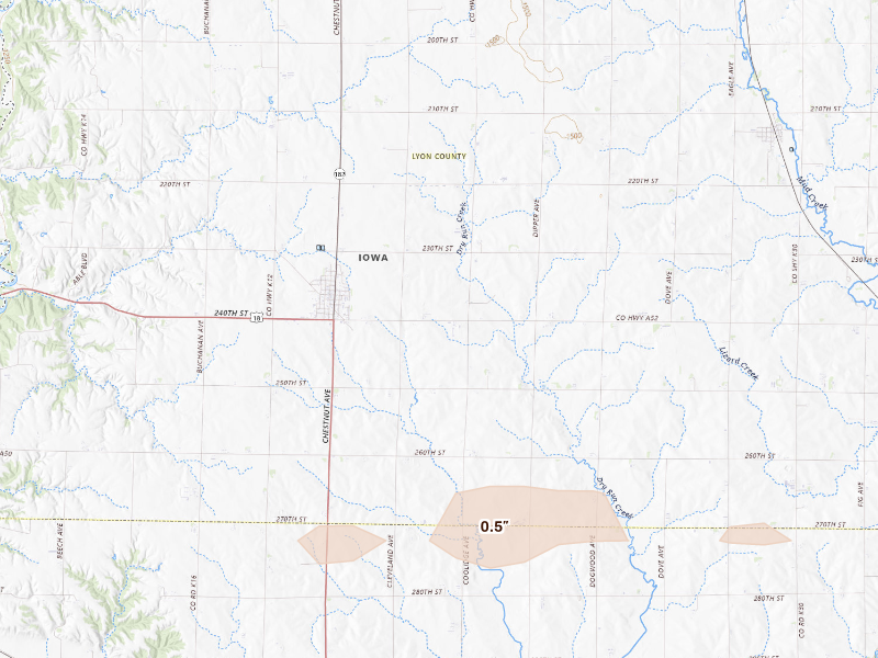 Radar-estimated hail-size map of the storm over Inwood, IA
