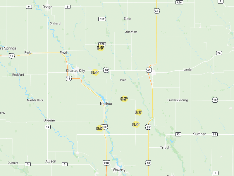 Hail map of Ionia, IA on Jun 28, 2026, hail up to 0.5"