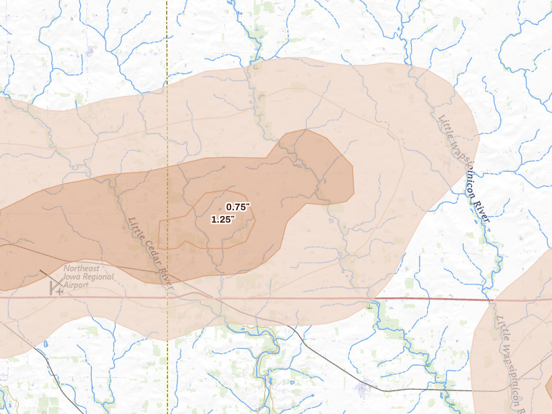 Radar-estimated hail-size map of the storm over Ionia, IA on Jul 2, 2026