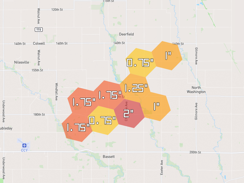 Hail map of Ionia, IA on Jul 2, 2026, hail up to 2"
