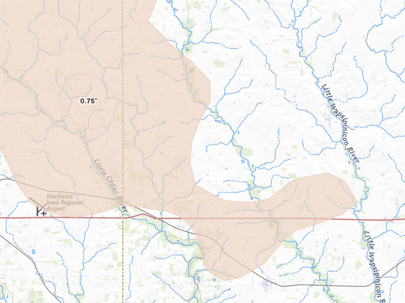 Radar-estimated hail-size map of the storm over Ionia, IA on Aug 10, 2026