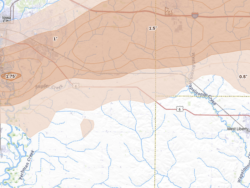 Radar-estimated hail-size map of the storm over Iowa City, IA on Mar 10, 2026