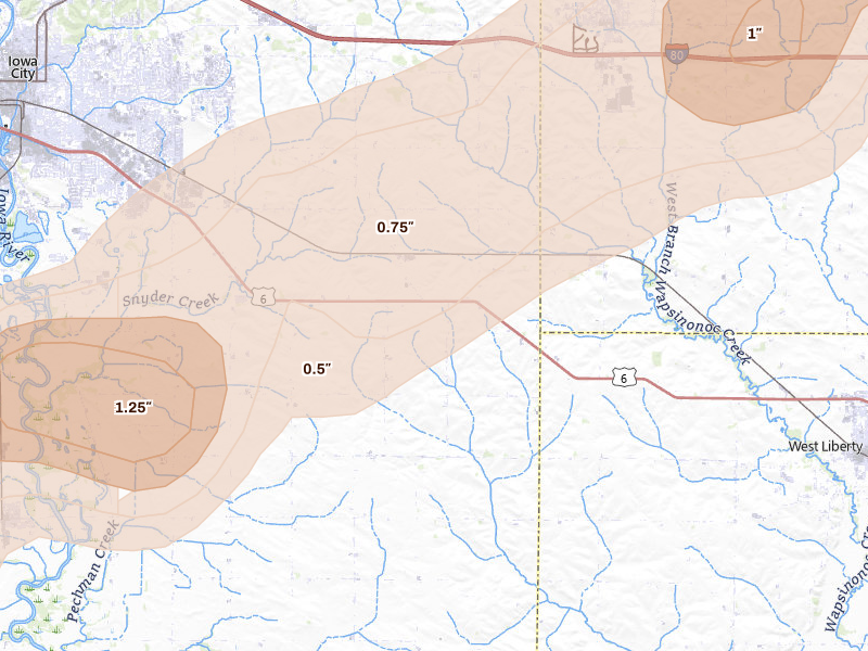 Radar-estimated hail-size map of the storm over Iowa City, IA on Apr 2, 2026