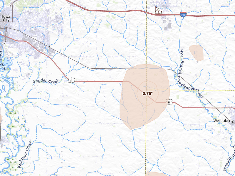 Radar-estimated hail-size map of the storm over Iowa City, IA on Jun 10, 2026