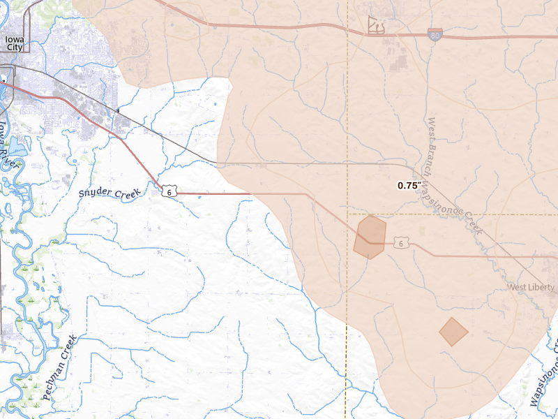 Radar-estimated hail-size map of the storm over Iowa City, IA on Jul 3, 2026