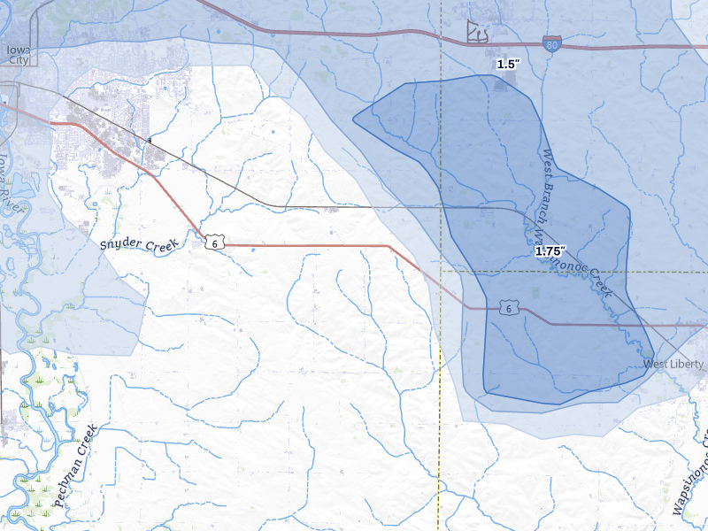NEXRAD radar-signature map of the hail storm over Iowa City, IA on Jul 3, 2026