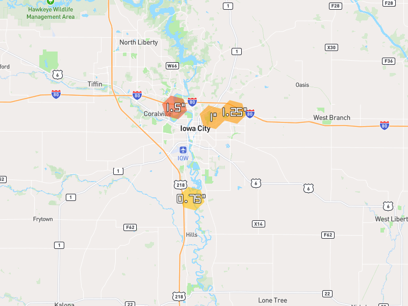 Hail map of Iowa City, IA on Jul 4, 2026, hail up to 1.5"