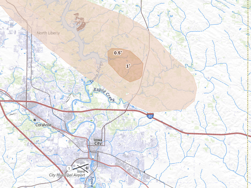 Radar-estimated hail-size map of the storm over Iowa City, IA on Aug 7, 2026