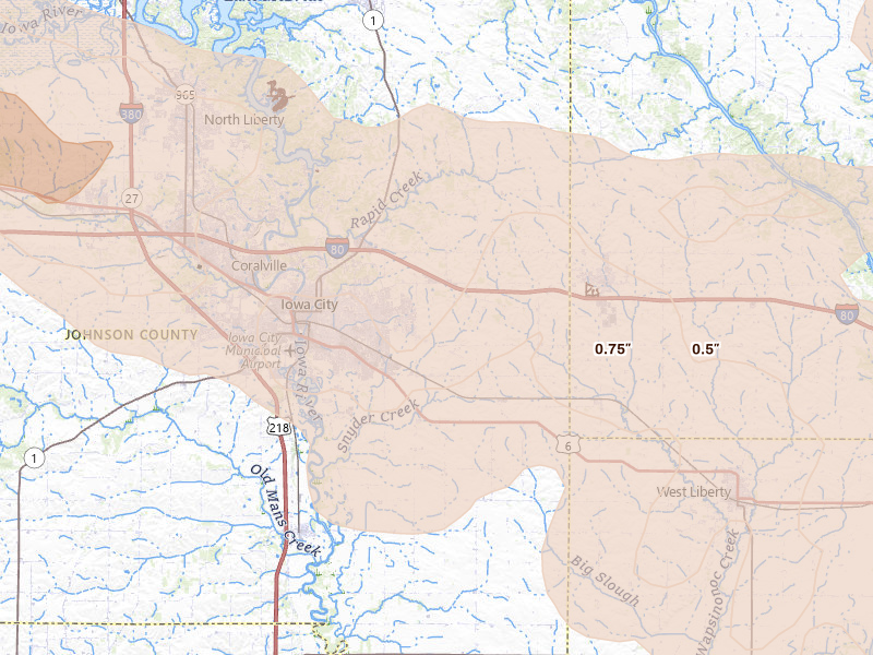 Radar-estimated hail-size map of the storm over Iowa City, IA on Aug 11, 2026