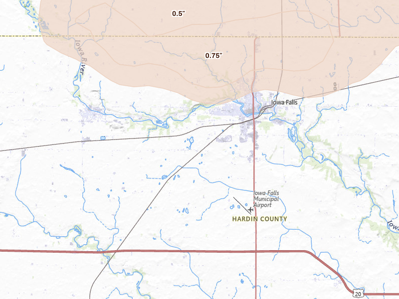 Radar-estimated hail-size map of the storm over Iowa Falls, IA on Jul 8, 2026