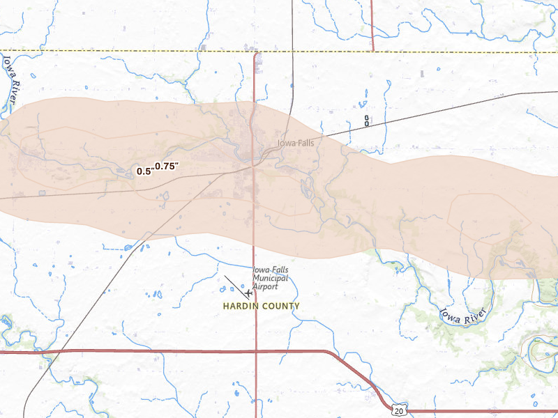 Radar-estimated hail-size map of the storm over Iowa Falls, IA on Aug 7, 2026