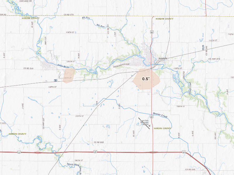 Radar-estimated hail-size map of the storm over Iowa Falls, IA on Oct 8, 2026