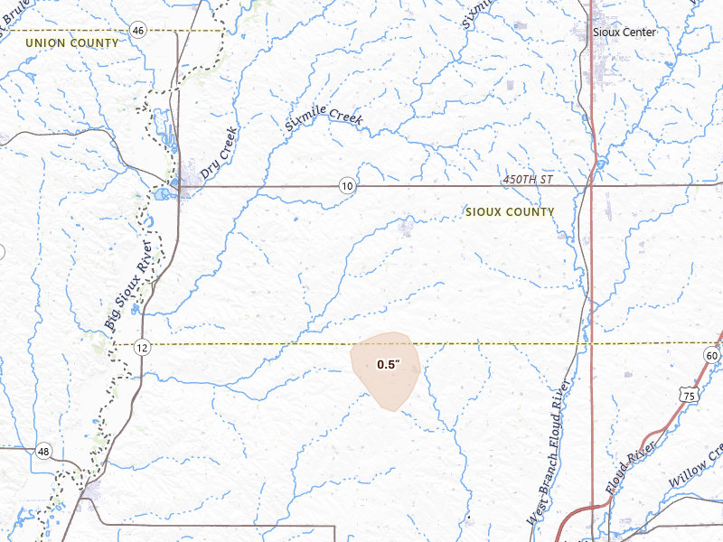 Radar-estimated hail-size map of the storm over Ireton, IA on May 16, 2026