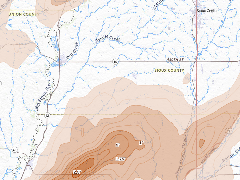 Radar-estimated hail-size map of the storm over Ireton, IA on May 17, 2026
