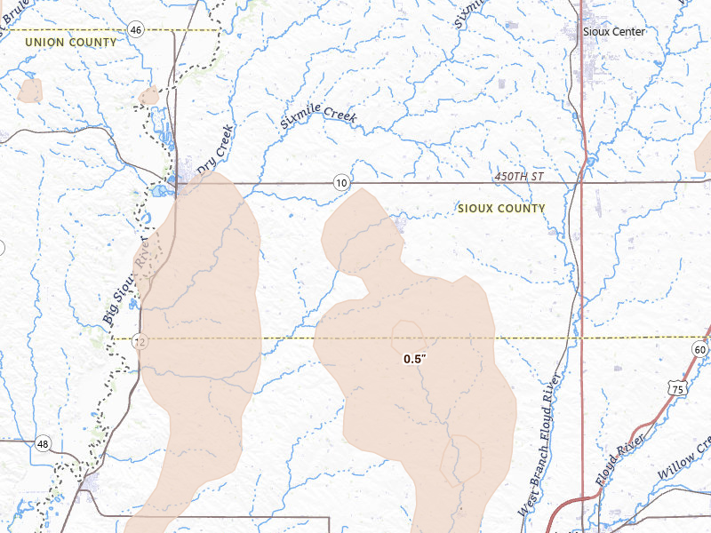 Radar-estimated hail-size map of the storm over Ireton, IA on Jun 30, 2026