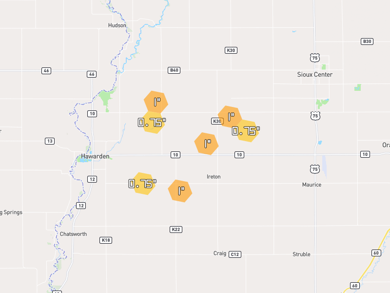 Hail map of Ireton, IA on Jun 30, 2026, hail up to 1"
