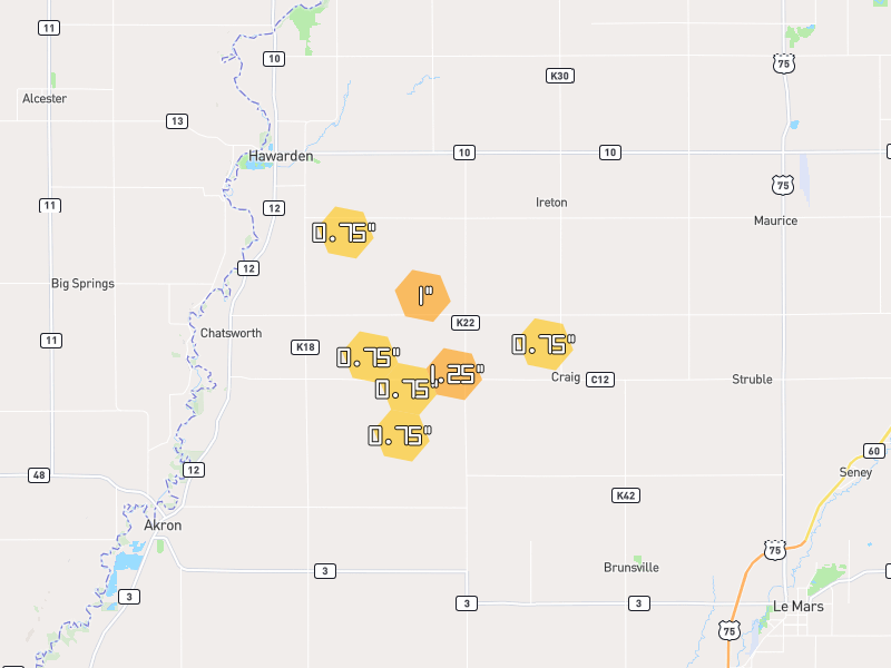 Hail map of Ireton, IA on Jul 1, 2026, hail up to 1.25"