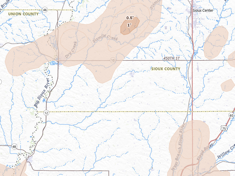 Radar-estimated hail-size map of the storm over Ireton, IA on Jul 2, 2026