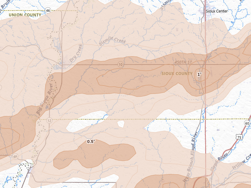 Radar-estimated hail-size map of the storm over Ireton, IA on Sep 1, 2026