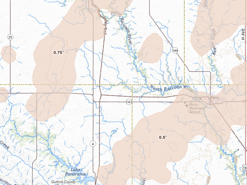 Radar-estimated hail-size map of the storm over Jamaica, IA on Apr 23, 2026