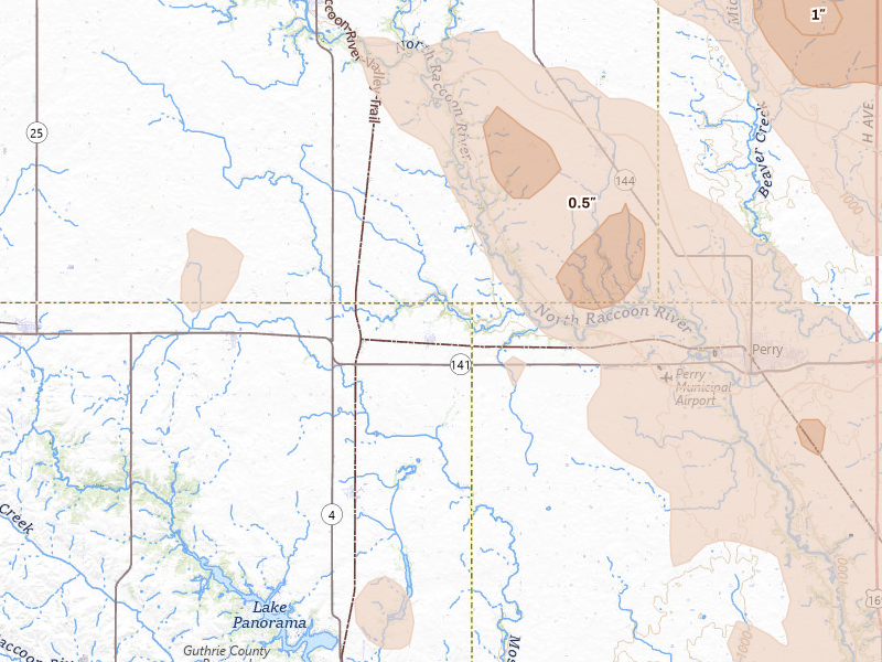 Radar-estimated hail-size map of the storm over Jamaica, IA on Jul 20, 2026