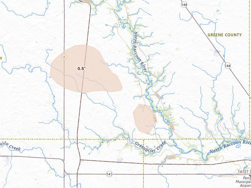Radar-estimated hail-size map of the storm over Jamaica, IA on Aug 8, 2026