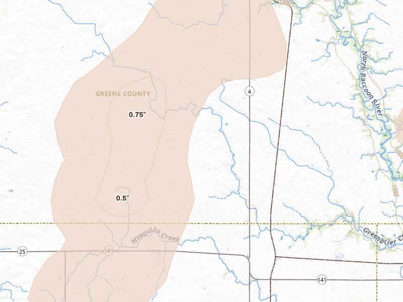 Radar-estimated hail-size map of the storm over Jefferson, IA on Apr 23, 2026