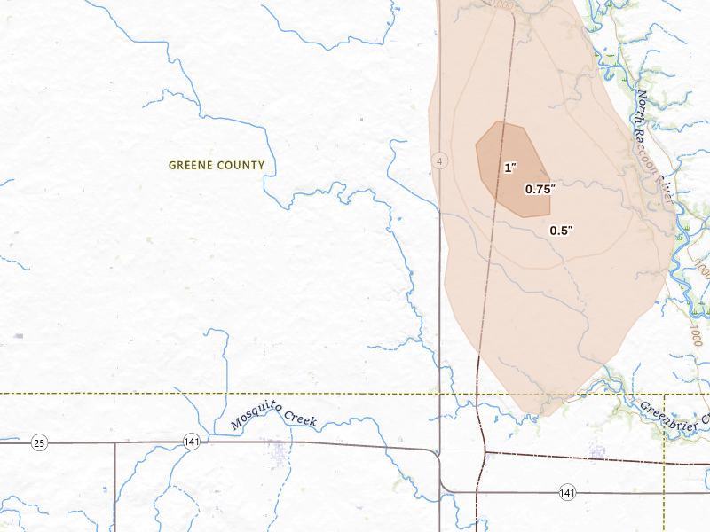Radar-estimated hail-size map of the storm over Jefferson, IA on Jun 1, 2026