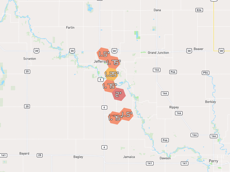 Hail map of Jefferson, IA on Jun 1, 2026, hail up to 2"