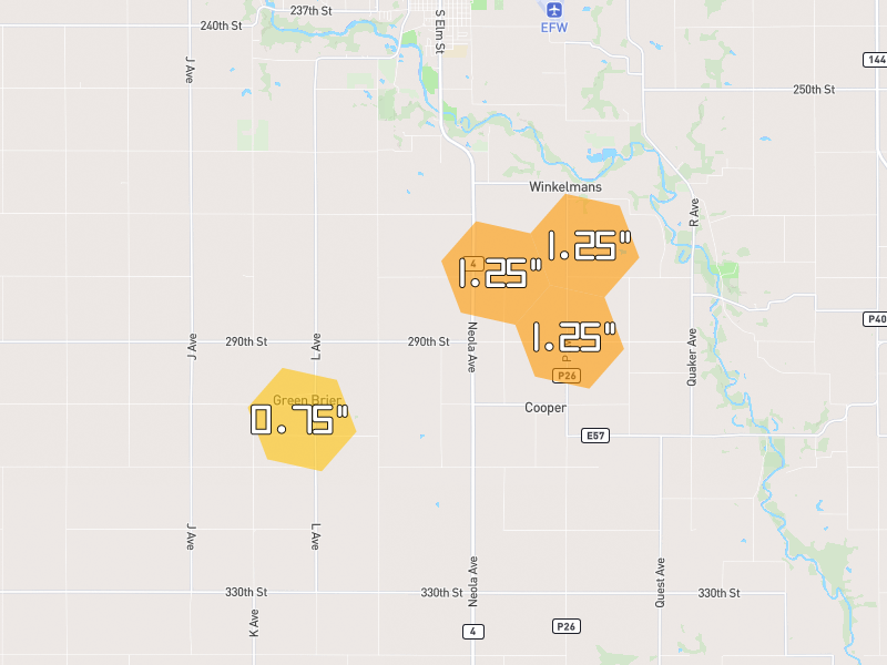 Hail map of Jefferson, IA on Jun 28, 2026, hail up to 1.25"