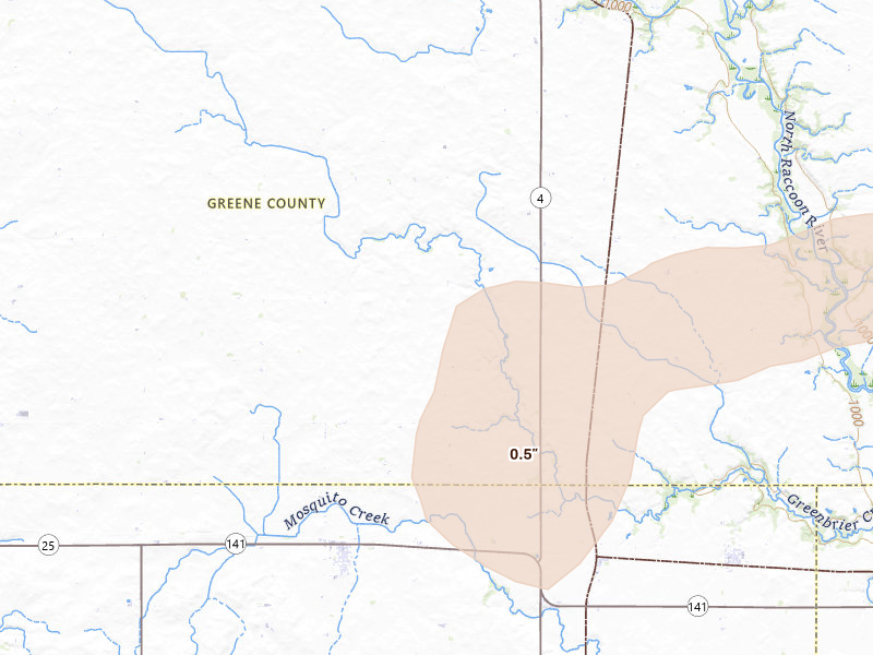 Radar-estimated hail-size map of the storm over Jefferson, IA on Jul 3, 2026