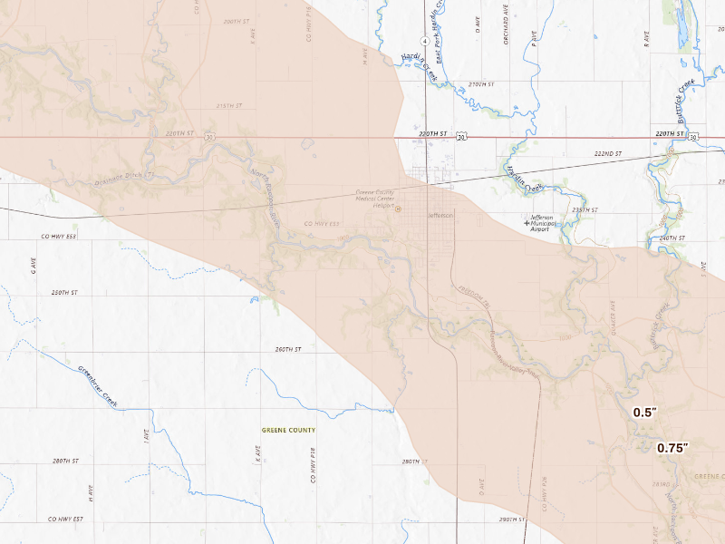 Radar-estimated hail-size map of the storm over Jefferson, IA