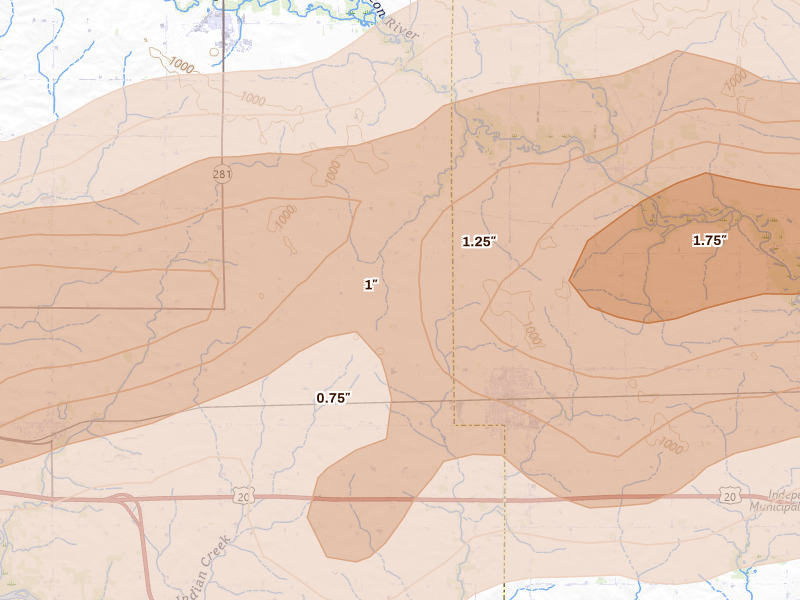 Radar-estimated hail-size map of the storm over Jesup, IA