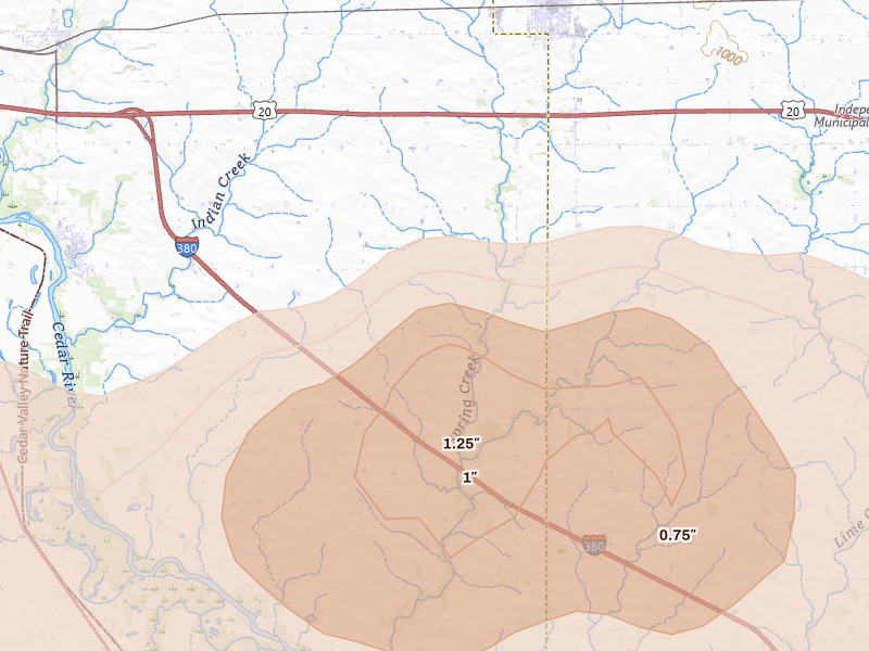 Radar-estimated hail-size map of the storm over Jesup, IA on Aug 7, 2026