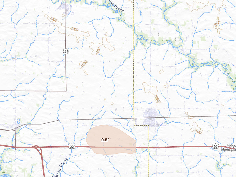 Radar-estimated hail-size map of the storm over Jesup, IA on Aug 10, 2026