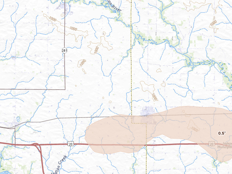 Radar-estimated hail-size map of the storm over Jesup, IA on Aug 11, 2026
