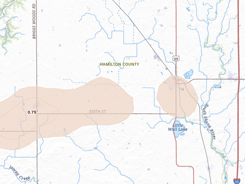 Radar-estimated hail-size map of the storm over Jewell, IA on May 15, 2026