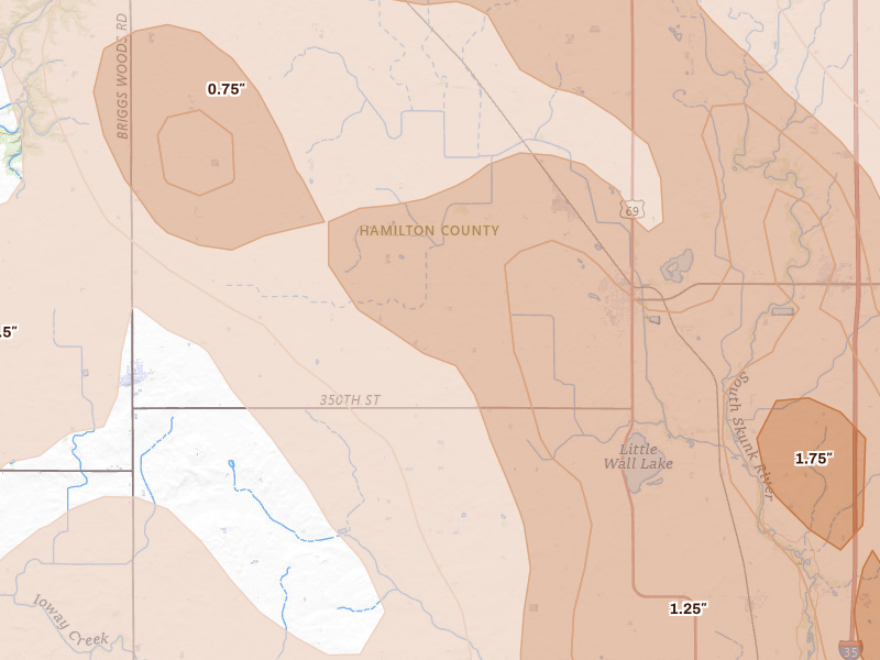 Radar-estimated hail-size map of the storm over Jewell, IA on Jul 20, 2026
