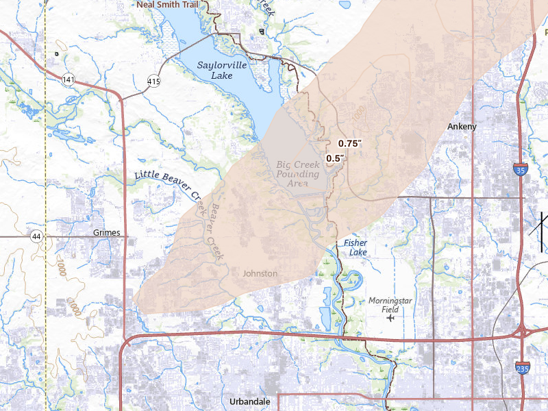 Radar-estimated hail-size map of the storm over Johnston, IA on Mar 6, 2026