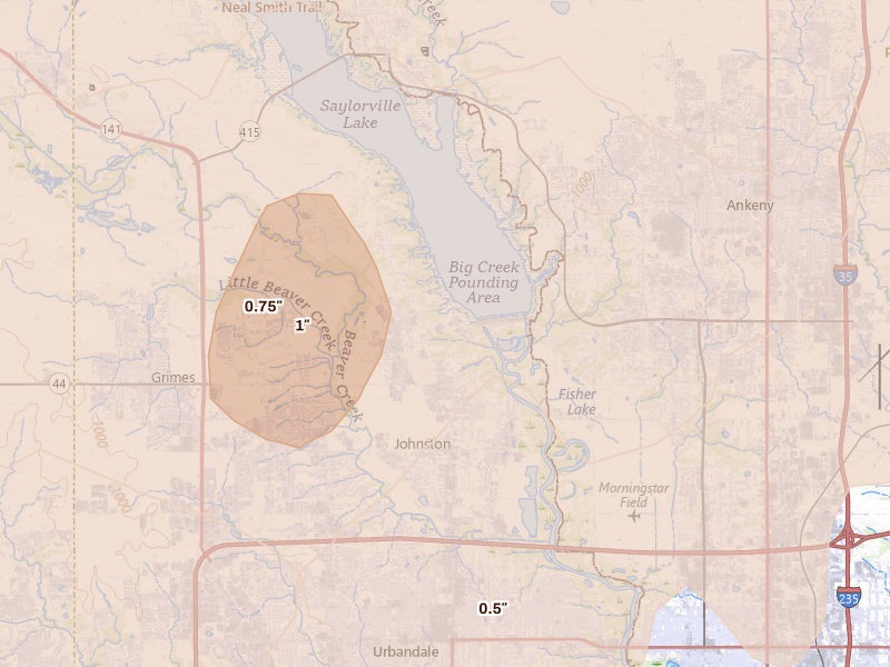 Radar-estimated hail-size map of the storm over Johnston, IA on Mar 30, 2026