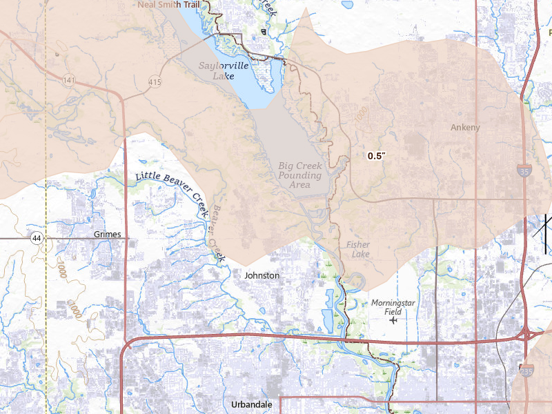 Radar-estimated hail-size map of the storm over Johnston, IA on Jun 10, 2026