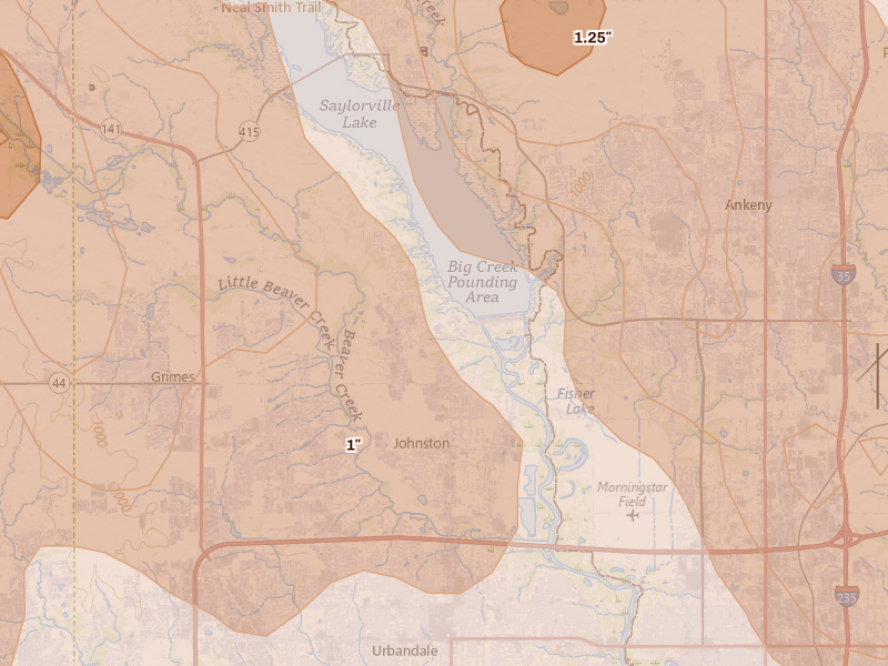 Radar-estimated hail-size map of the storm over Johnston, IA on Jul 20, 2026