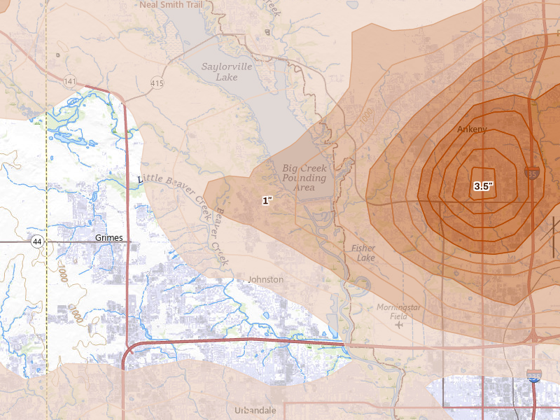 Radar-estimated hail-size map of the storm over Johnston, IA