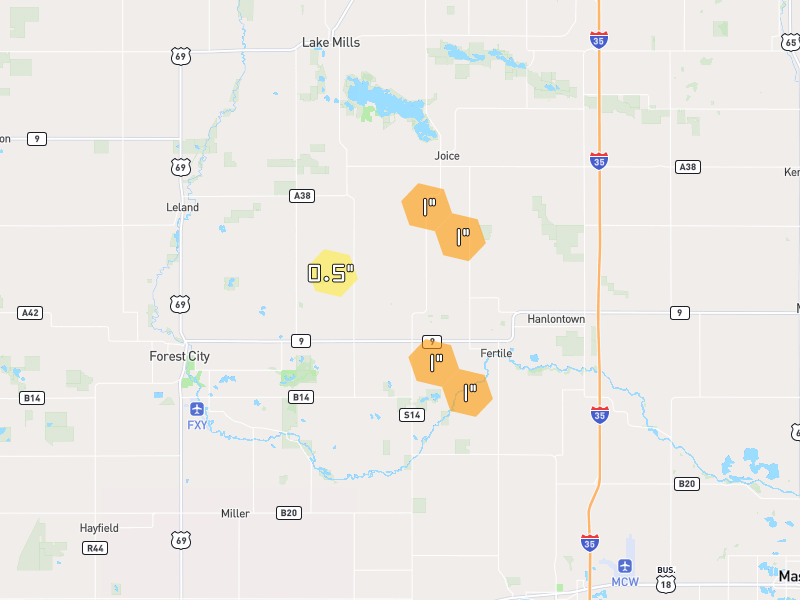 Hail map of Joice, IA on Jul 8, 2026, hail up to 1"
