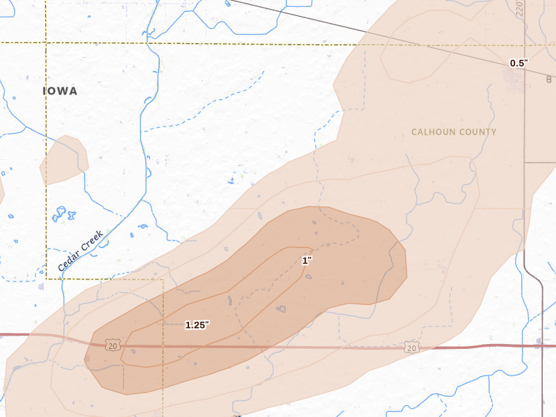 Radar-estimated hail-size map of the storm over Jolley, IA on May 15, 2026