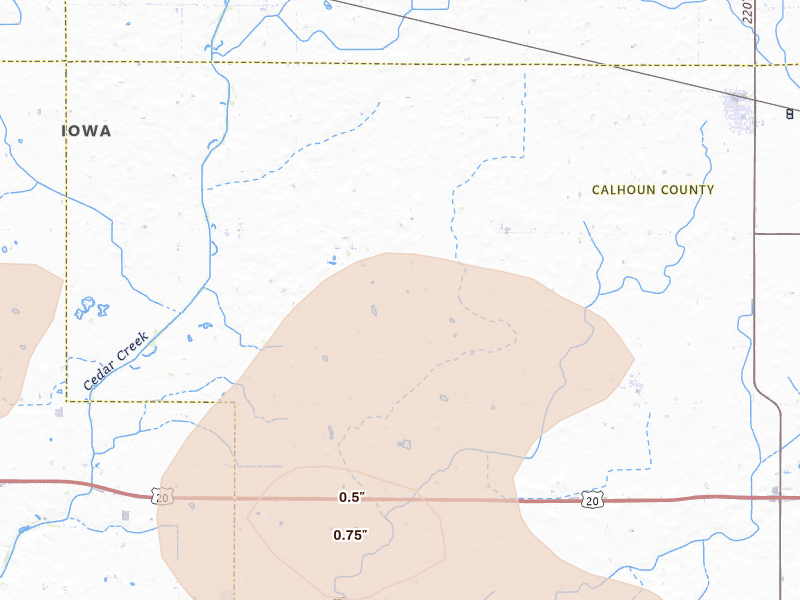 Radar-estimated hail-size map of the storm over Jolley, IA on Jul 8, 2026